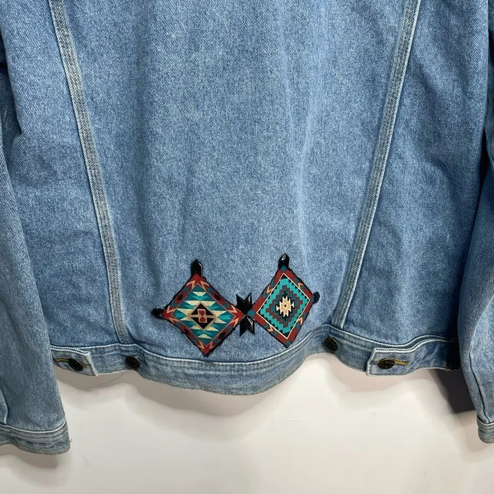 Vintage Sunbelt Aztec Denim Western Fringe Button‎ Front Jacket Medium